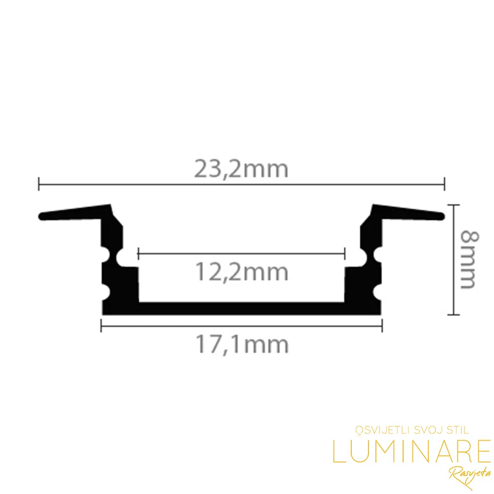 ALU. PROFIL ZA LED TRAKU UGRADBENI CRNI 2m 17.1x8mm - Slika 2