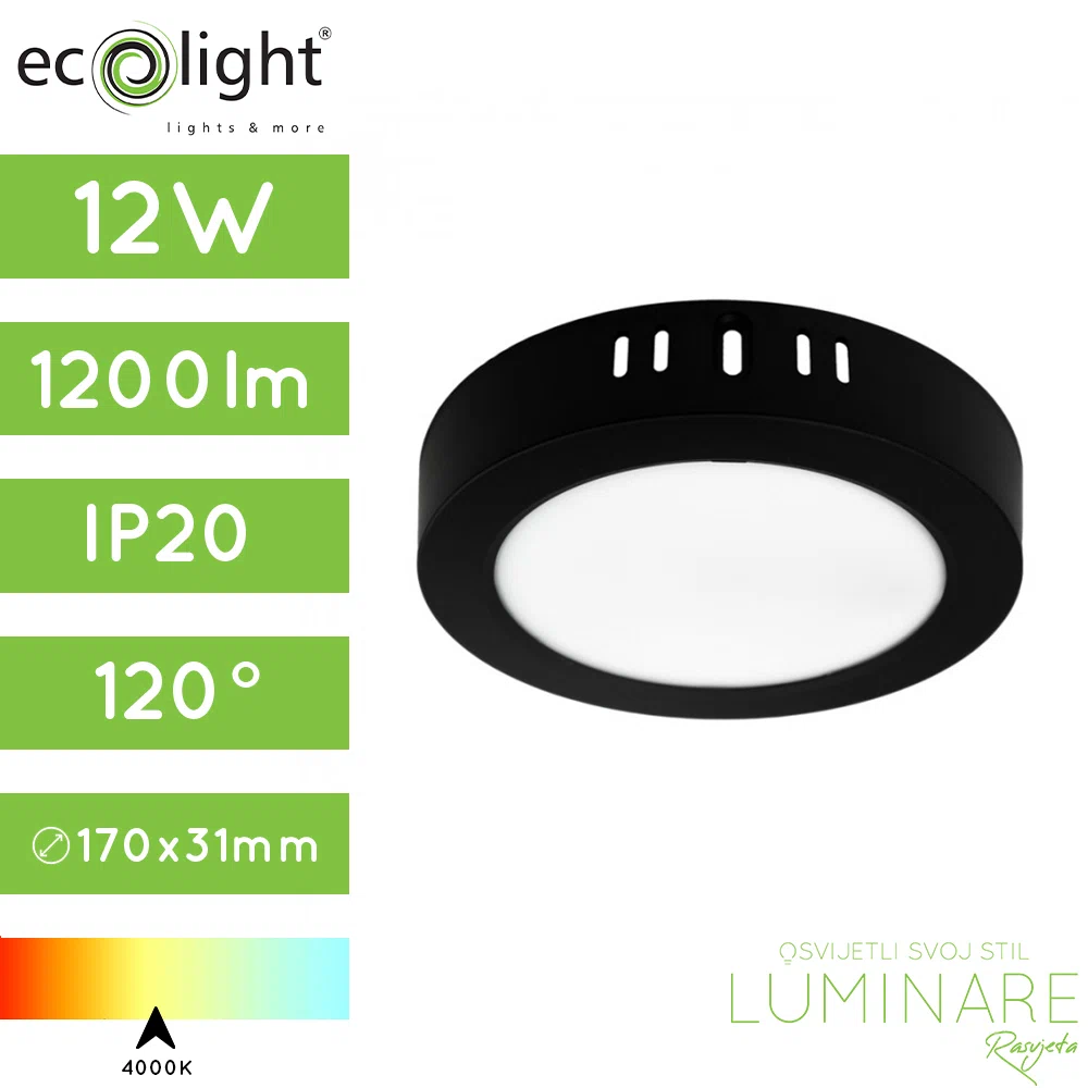 led panel 12w okrugli nadgradni crni neutralne boje svjetlosti-luminare rasvjeta